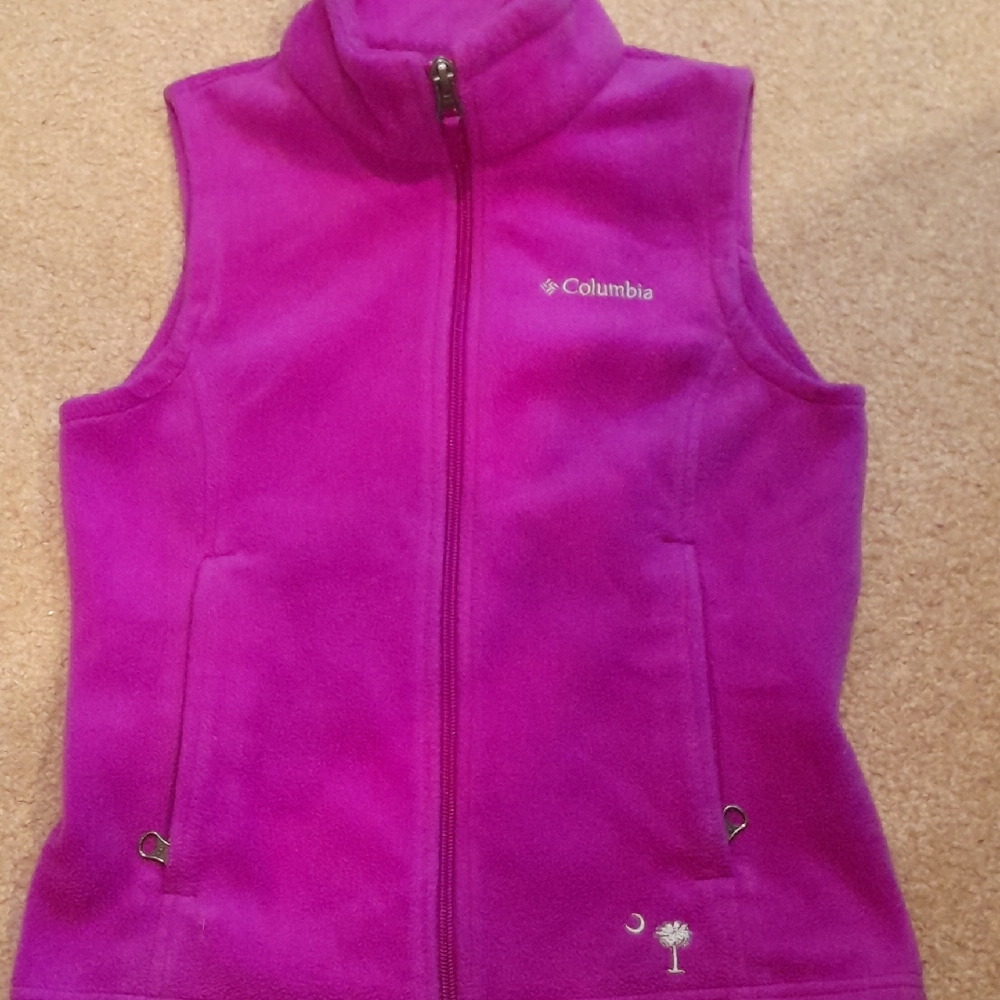 Columbia Girls Size S Fuchsia Zip-Up Fleece Vest with SC Palmetto Tree Logo